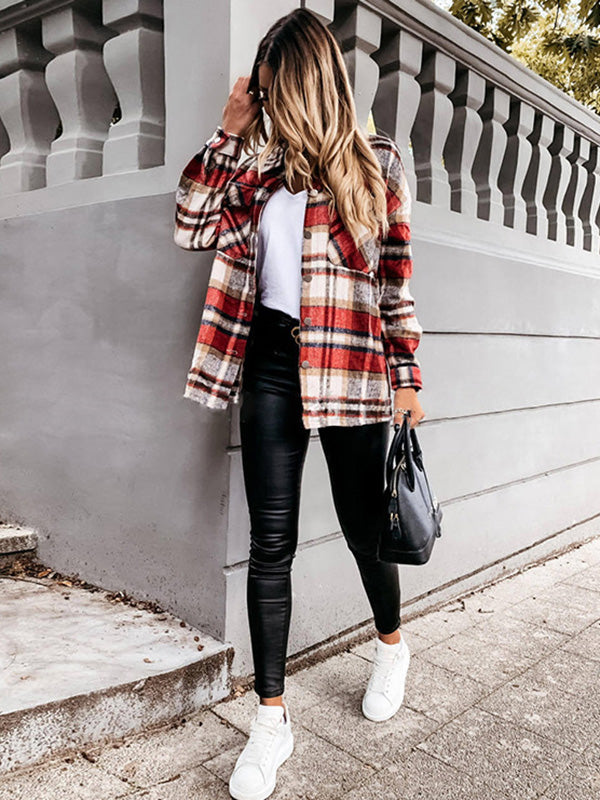 Mode Veste à Carreaux Classique pour Femmes avec Poches Surchemise