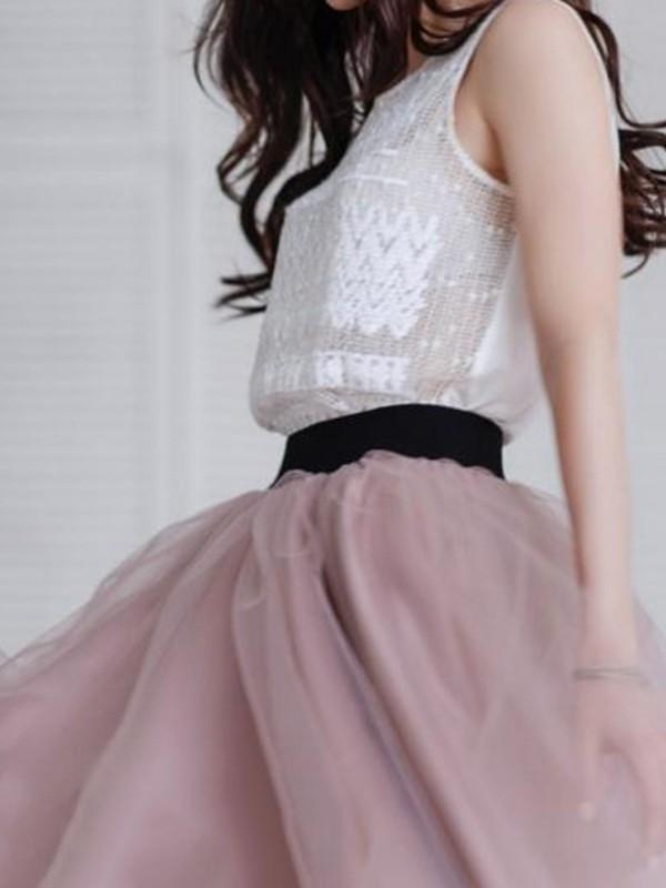 Airchics mi-longue jupe bouffante tutu en tulle plissé taille élastique élégant femme rose