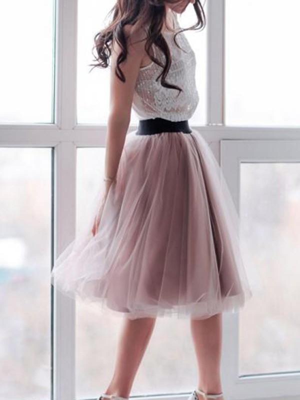 Airchics mi-longue jupe bouffante tutu en tulle plissé taille élastique élégant femme rose