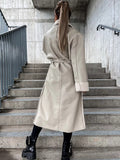 Airchics longue manteau simili cuir boutons avec poches ceinture col revers femme oversized