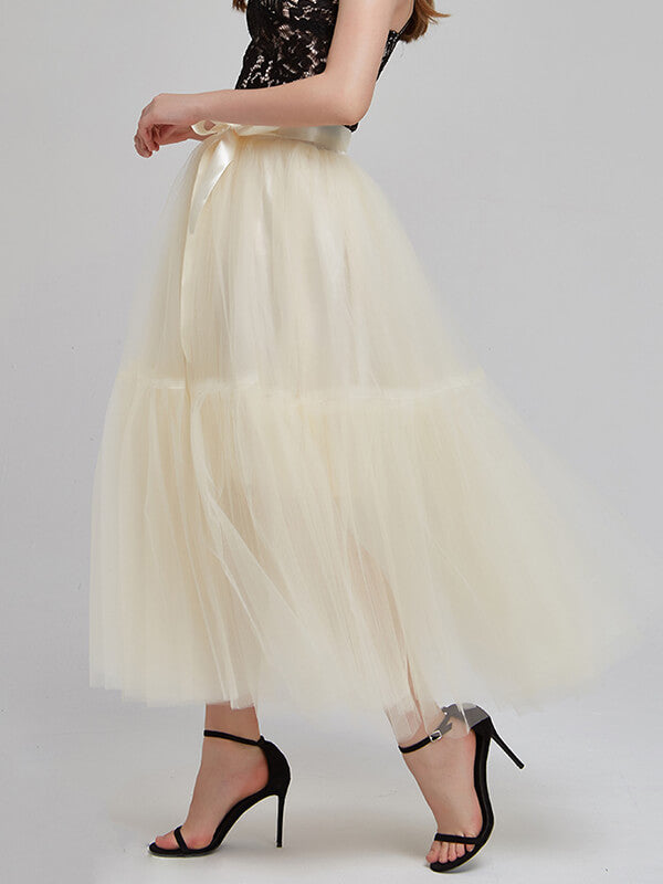 Airchics longue jupe unicolore avec ceinture plissé tutu en tulle élégant femme