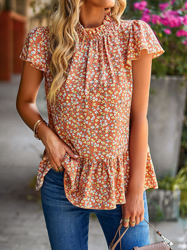 Airchics hauts imprimé à fleurie peplum col rond manches courtes femme mode