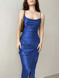 Airchcis robe longue unicolore satin fendu le côté à fines brides élégant soirée