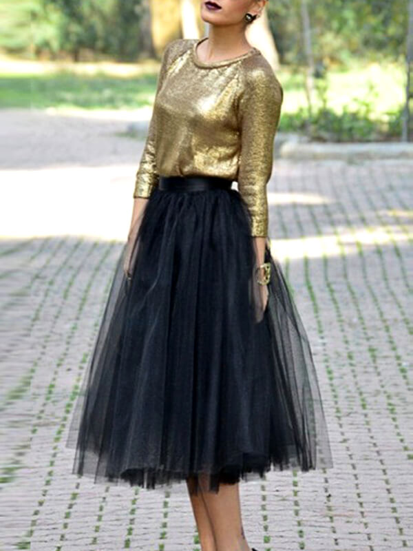 Airchics jupe mi-longue bouffante tutu tulle plissé élégant femme noir