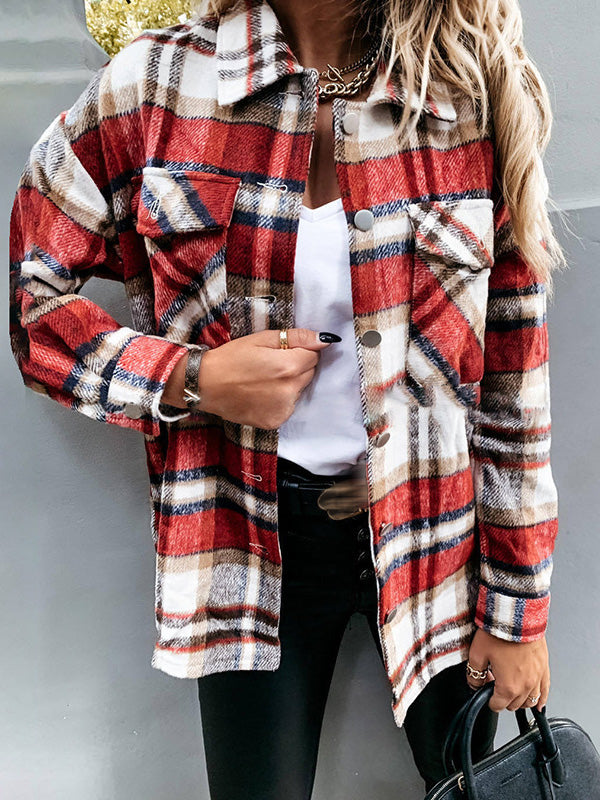 Mode Veste à Carreaux Classique pour Femmes avec Poches Surchemise