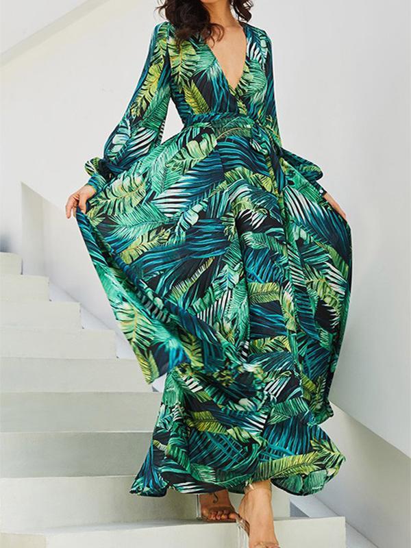 Maxi Robe en Mousseline Imprimé Feuilles Tropicale Fluides Vert Bohème