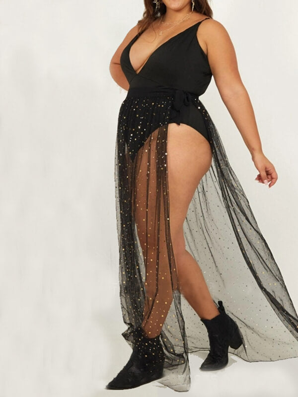 Airchics jupe longue brillante paillette avec strappy fendu le côté tulle mode femme noir