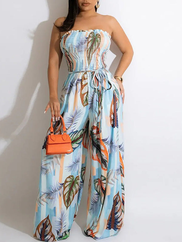 Airchics combinaisons jambe large mousseline imprimé plume feuille décontracté femme plage