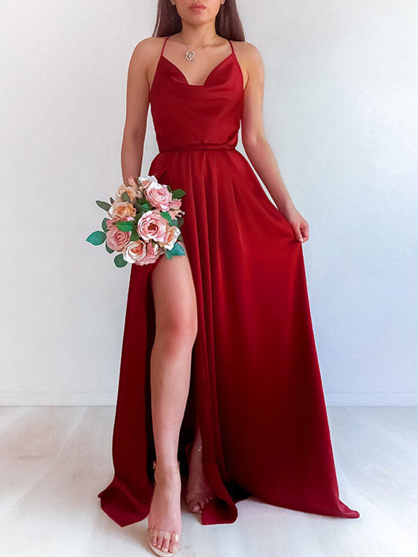 Satin Robe Demoiselle d'Honneur Longue avec à Fines Brides et Dos Nu