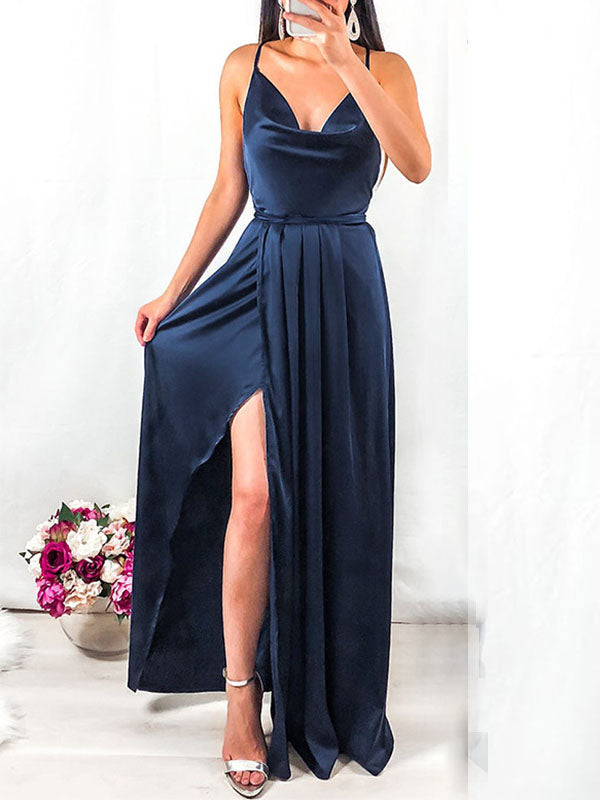 Satin Robe Demoiselle d'Honneur Longue avec à Fines Brides et Dos Nu