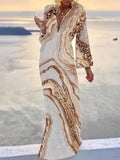 Robe Long Motif Tribal de Plage à Col en V Profond et Manches Longues