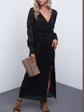 V-cou Robe Long à Brillante Paillettes et Manches Longues de Soirée