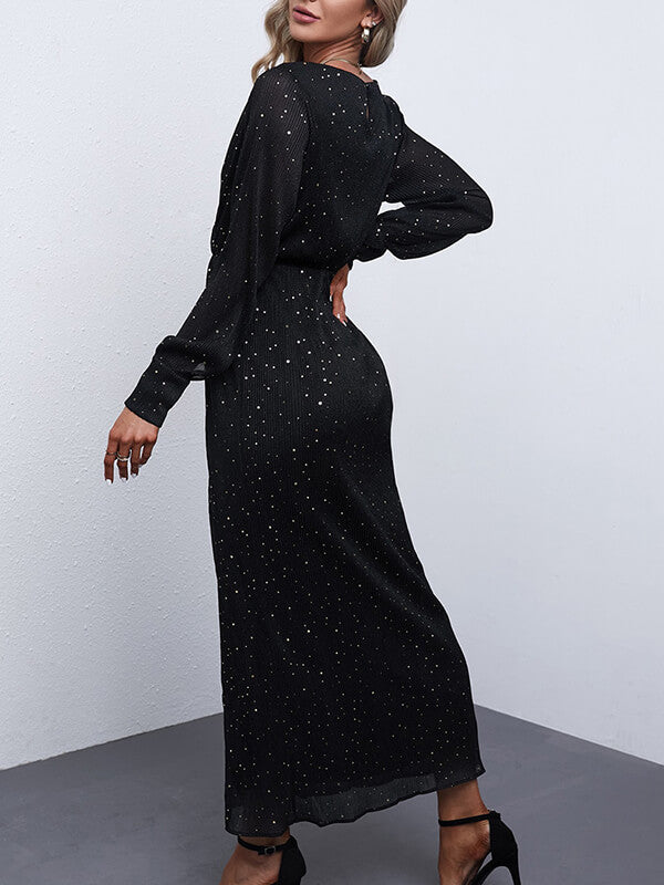 V-cou Robe Long à Brillante Paillettes et Manches Longues de Soirée