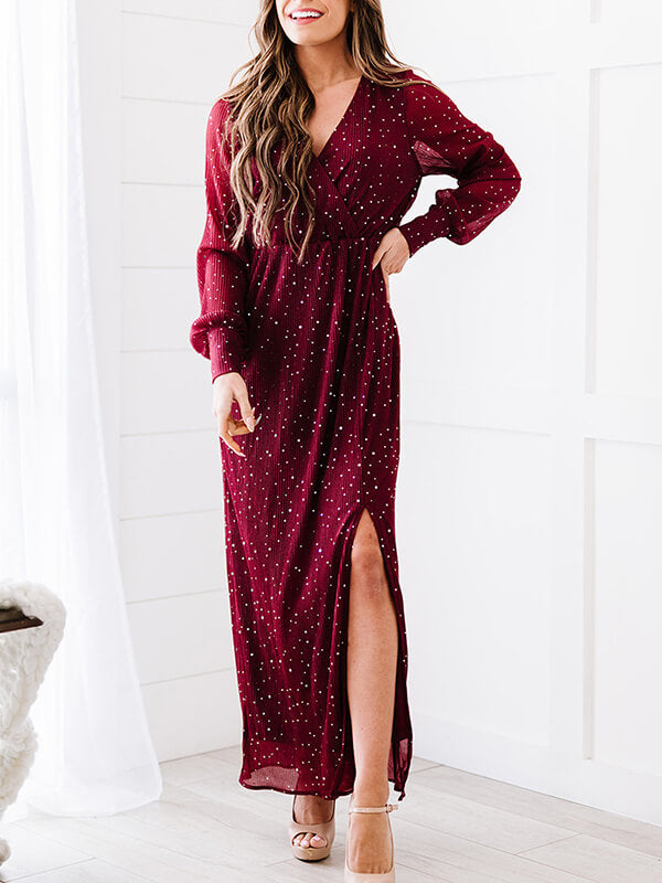 V-cou Robe Long à Brillante Paillettes et Manches Longues de Soirée