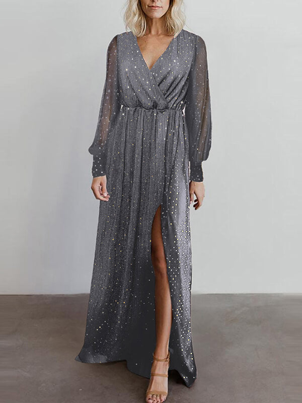 V-cou Robe Long à Brillante Paillettes et Manches Longues de Soirée