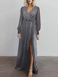 V-cou Robe Long à Brillante Paillettes et Manches Longues de Soirée