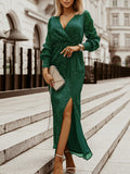 V-cou Robe Long à Brillante Paillettes et Manches Longues de Soirée