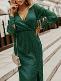 V-cou Robe Long à Brillante Paillettes et Manches Longues de Soirée