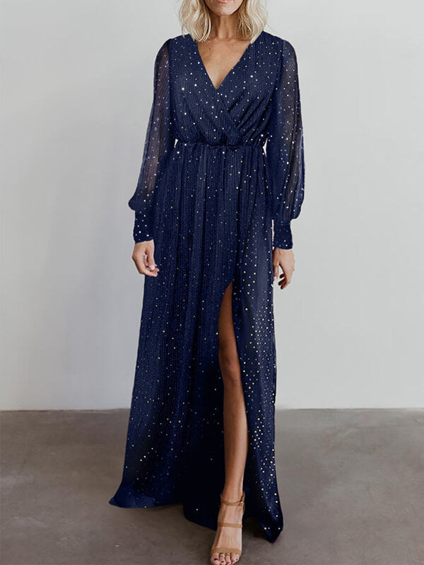 V-cou Robe Long à Brillante Paillettes et Manches Longues de Soirée