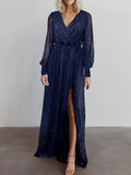 V-cou Robe Long à Brillante Paillettes et Manches Longues de Soirée