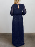 V-cou Robe Long à Brillante Paillettes et Manches Longues de Soirée