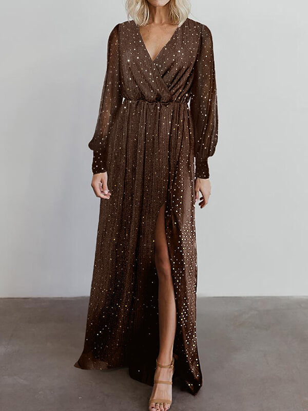 V-cou Robe Long à Brillante Paillettes et Manches Longues de Soirée