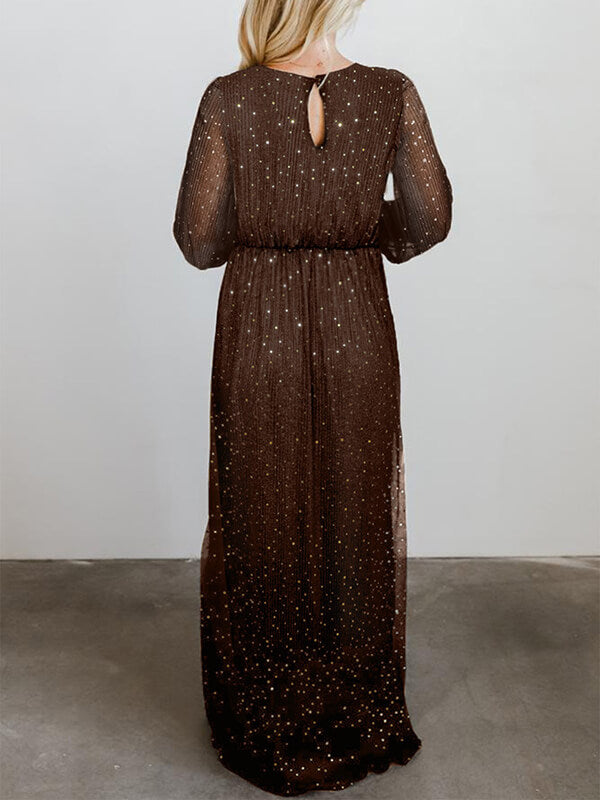 V-cou Robe Long à Brillante Paillettes et Manches Longues de Soirée