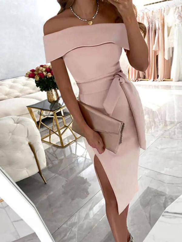 Une Épaule Robe Mi-longue Moulante avec Nœud et Fendu le Côté Mode