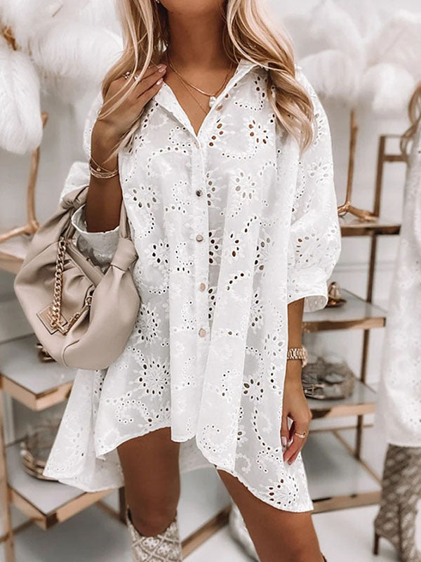 Airchics blouse robe courte broderie anglaise boutonnage manches au coude femme bohème chemisier