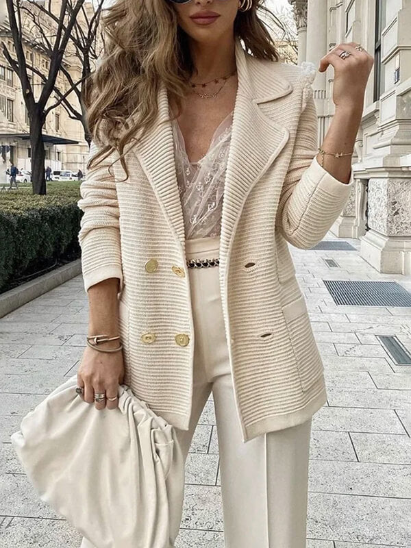 Airchics blazer coton double boutonnage avec poches col revers manches longues femme style tailleur