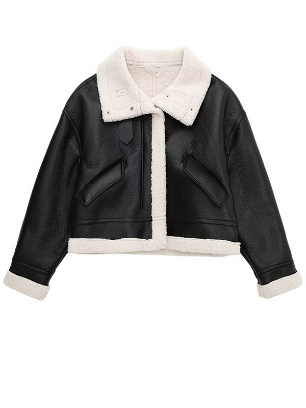 Airchics court manteau aviateur simili cuir boutonnage avec poches col revers manches longues femme style boyfriend