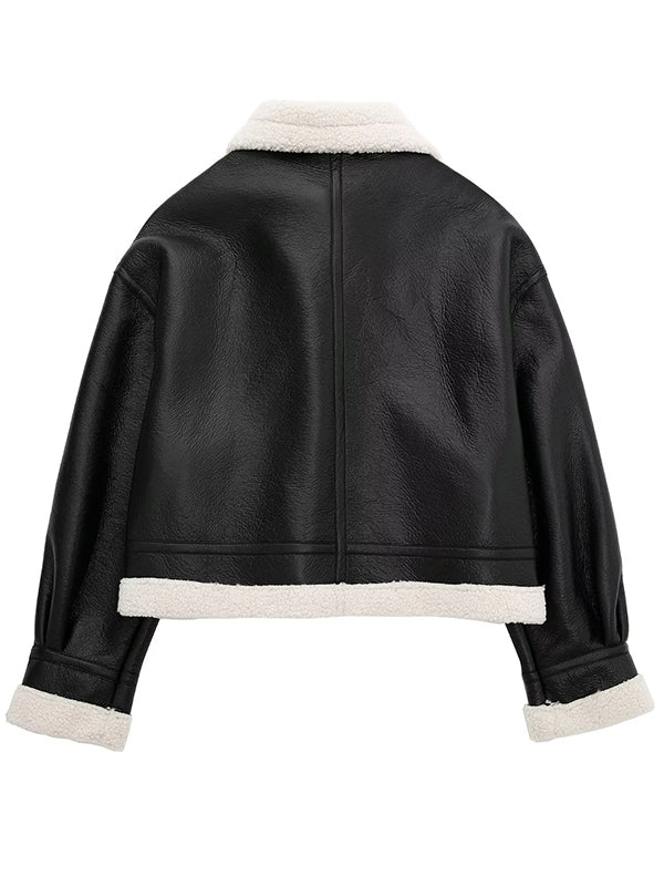 Airchics court manteau aviateur simili cuir boutonnage avec poches col revers manches longues femme style boyfriend