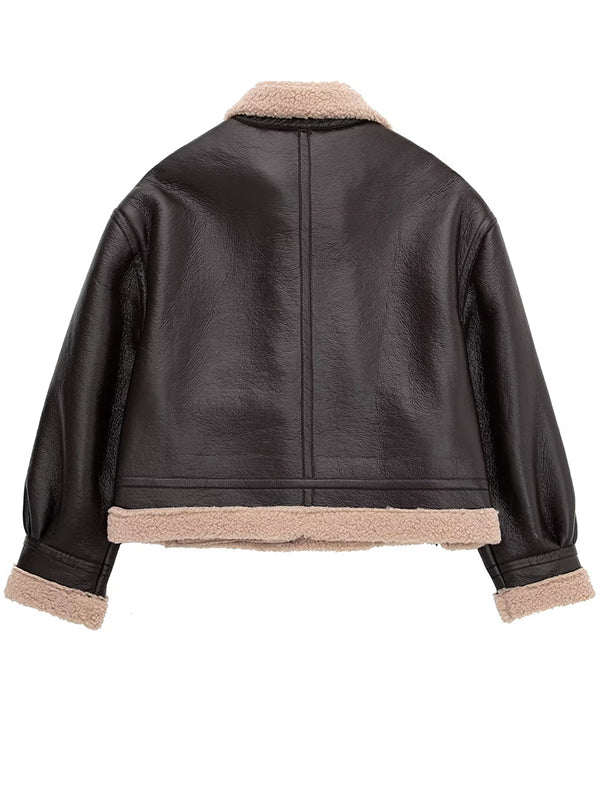 Airchics court manteau aviateur simili cuir boutonnage avec poches col revers manches longues femme style boyfriend