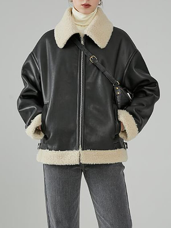 Airchics veste aviateur simili cuir peau de mouton fermeture éclair poches col revers femme bombardier oversized