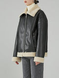 Airchics veste aviateur simili cuir peau de mouton fermeture éclair poches col revers femme bombardier oversized