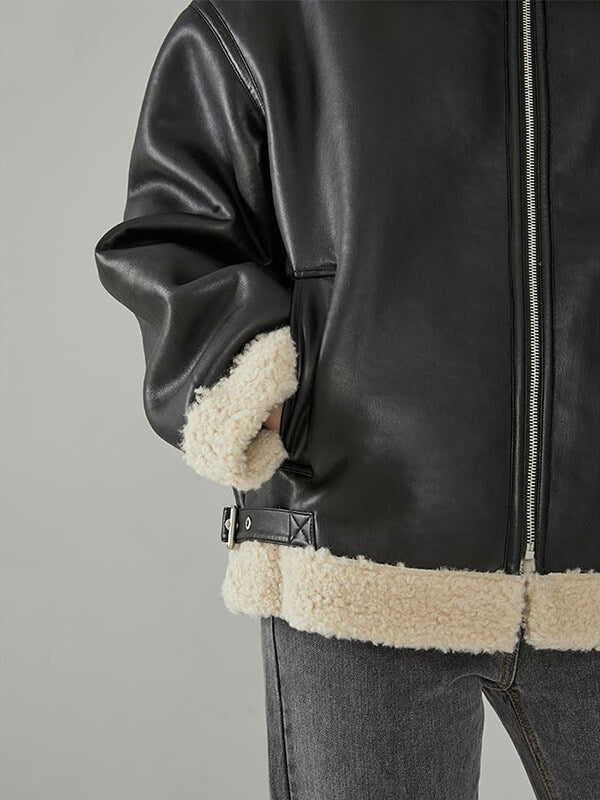 Airchics veste aviateur simili cuir peau de mouton fermeture éclair poches col revers femme bombardier oversized