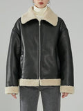 Airchics veste aviateur simili cuir peau de mouton fermeture éclair poches col revers femme bombardier oversized