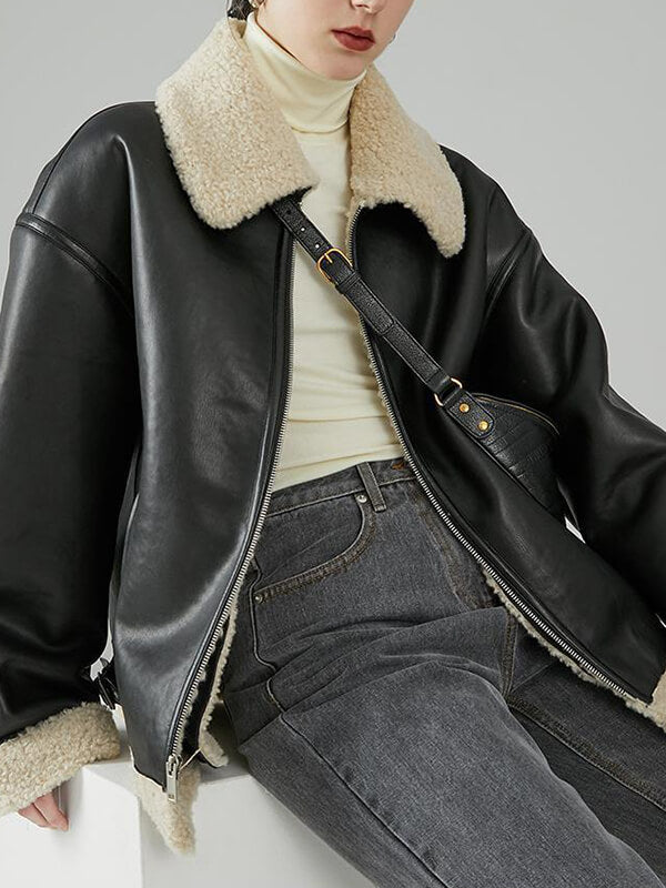 Airchics veste aviateur simili cuir peau de mouton fermeture éclair poches col revers femme bombardier oversized