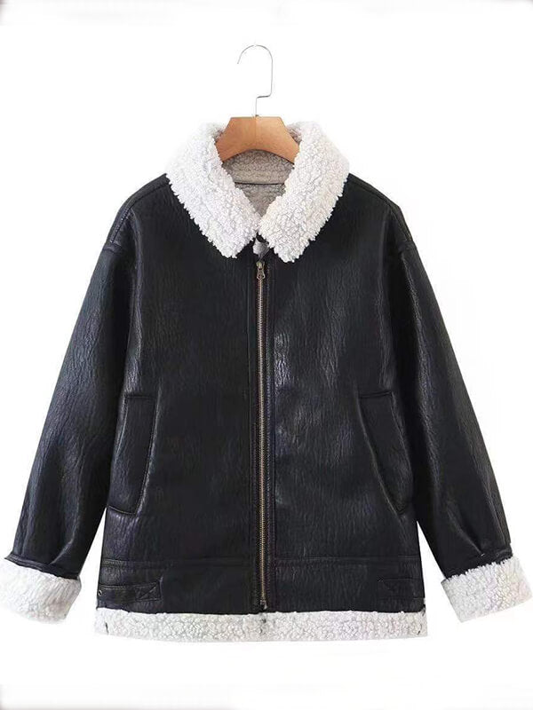 Airchics mi-longue veste aviateur simili cuir peau de mouton fermeture éclair poches col revers femme décontracté