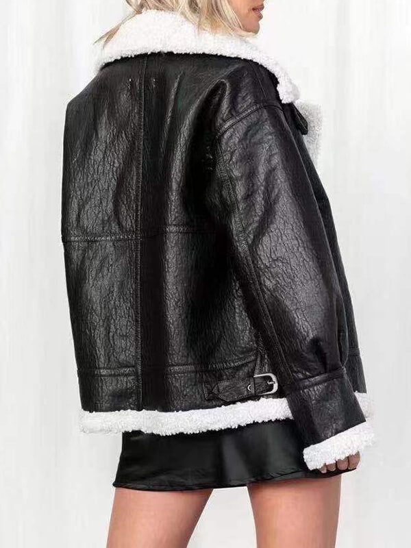 Airchics mi-longue veste aviateur simili cuir peau de mouton fermeture éclair poches col revers femme décontracté