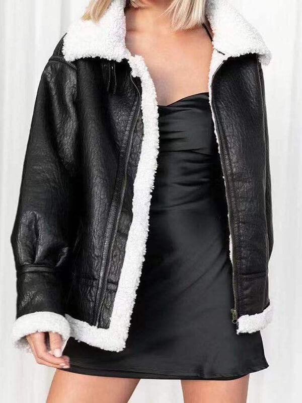 Airchics mi-longue veste aviateur simili cuir peau de mouton fermeture éclair poches col revers femme décontracté