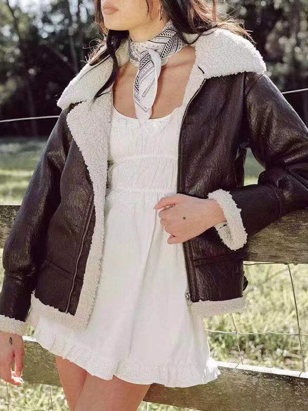 Airchics mi-longue veste aviateur simili cuir peau de mouton fermeture éclair poches col revers femme décontracté