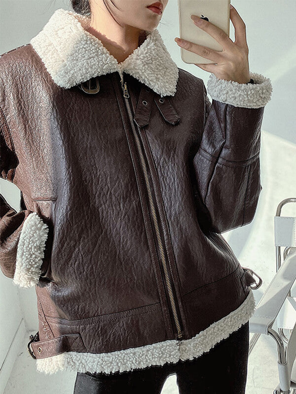 Airchics mi-longue veste aviateur simili cuir peau de mouton fermeture éclair poches col revers femme décontracté