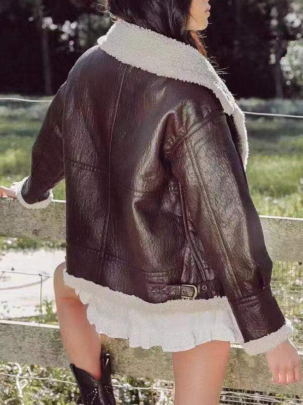 Airchics mi-longue veste aviateur simili cuir peau de mouton fermeture éclair poches col revers femme décontracté