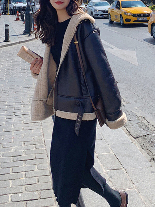 Airchics manteau aviateur simili cuir doublé polaire avec poches chunky buckle col revers femme mode hiver