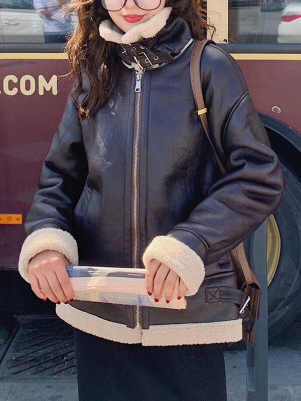 Airchics manteau aviateur simili cuir doublé polaire avec poches chunky buckle col revers femme mode hiver