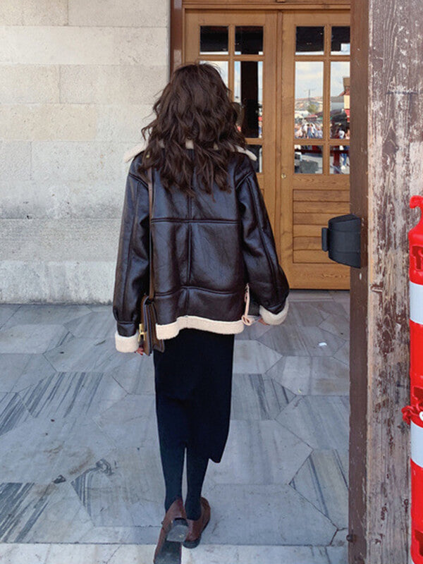 Airchics manteau aviateur simili cuir doublé polaire avec poches chunky buckle col revers femme mode hiver