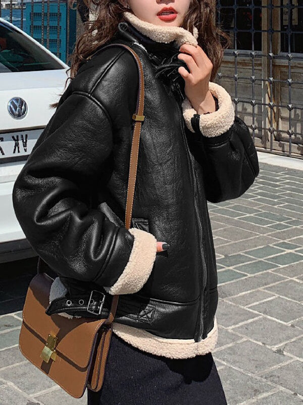 Airchics manteau aviateur simili cuir doublé polaire avec poches chunky buckle col revers femme mode hiver