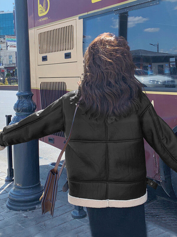 Airchics manteau aviateur simili cuir doublé polaire avec poches chunky buckle col revers femme mode hiver