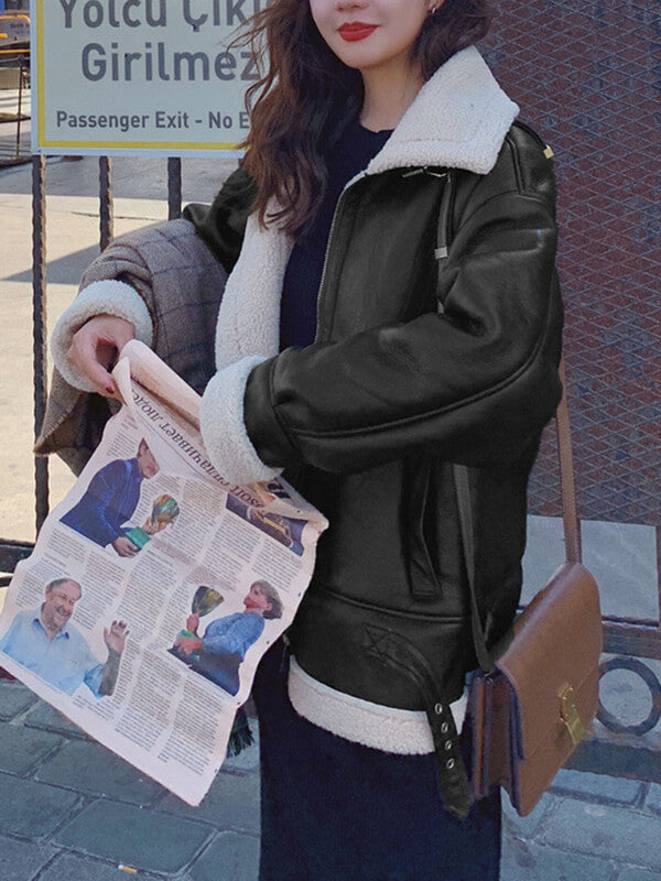 Airchics manteau aviateur simili cuir doublé polaire avec poches chunky buckle col revers femme mode hiver